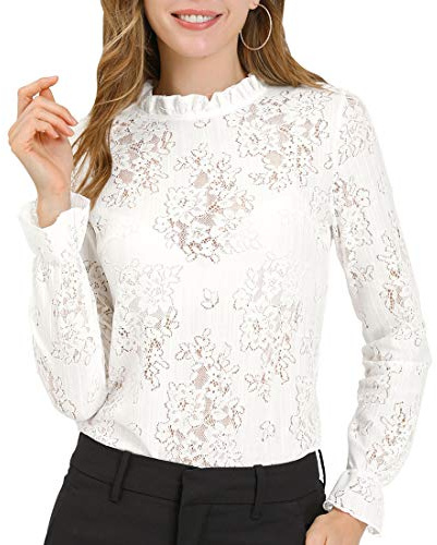 Allegra K Blusa de Encaje Elegante Floral con Cuello de Volantes de Ganchillo para Mujer Blanco S