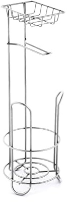 MSV Klopapierhalter mit Ablage, schmaler Toilettenpapierhalter stehend aus Metall, freistehender Toilettenpapierständer für insgesamt 3 Rollen, Silber