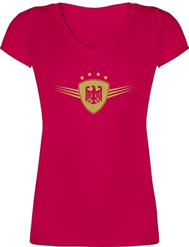 T-Shirt Damen V Ausschnitt - Fußball EM WM - Deutschland Gold - XS - Fuchsia - 2024 Fussball Tshirt Shirt fußball-Fanartikel Tshirts Trikots World Cup t Frauen Fanartikel fußballtrikot
