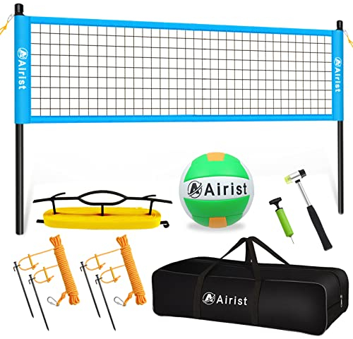 Airist Tragbares Volleyball-Netz-Set, professionelles Volleyballnetz-Set für Hinterhof und Strand, Outdoor-Volleyballnetz mit höhenverstellbaren Stangen, Volleyball und Tragetasche (blau), 90 cm