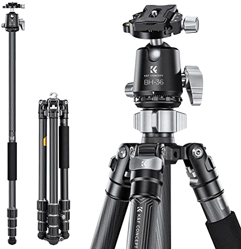 K&F CONCEPT X-Series Carbon Stativ, 172cm Kamera Stativ, Professionelles Fotostativ mit 36mm Metallkugelkopf, Tragfähigkeit 16KG, Tripod für Innen- und Außen-Fotographie X284C4+BH-36