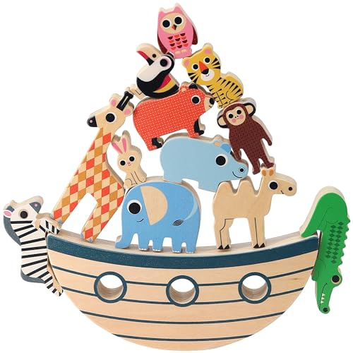 Vilac Wooden Stacking, Balancing Game, Non-Toxic Paint, Montessori Toy, Develops Creativity, Fine Motor Skills, 4 Years+, 21 x 4 x 20 cm, 13 Pieces Including 1 Boat Ark Base, Stabilizing Animals