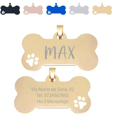 FRAMEG - Targhetta Personalizzata per Cane e Gatto di taglia piccola e cuccioli a Forma di Osso con Zampe - Medaglietta Collare Incisione Targhette con Testo (Oro)