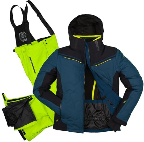 Killtec Herren Skianzug Größe L - aus Skijacke dunkelblau schwarz und Skihose neon grün - mit 10000mm Wassersäule - wasserdicht, atmungsaktiv