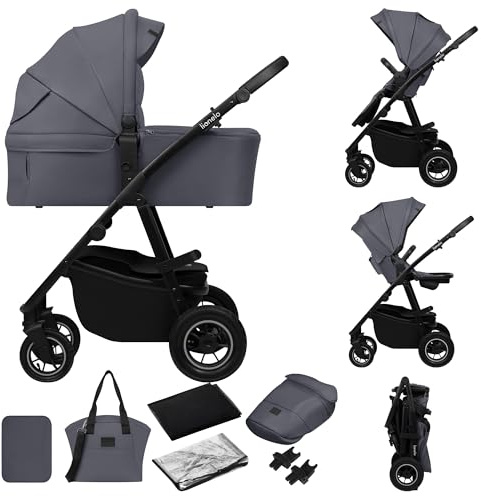 LIONELO AMBER PLUS 2-in-1 Buggy von 0 bis 4 Jahren bis 22kg mit XL-Babywanne, Rückenlehne verstellbar, 5-Punkt-Gurt, große 360o Geländeräder, XXL-Verdeck, Buggy