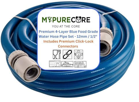 MYPURECORE Blue 12mm 1/2 Cold Water Hose Pipe – Premium Food Grade Drinking Water Hose with Connectors – Flexible PVC Tubing for Caravan, Motorhome, Campervan, Boat & Garden – Non-Toxic & Safe (5m)