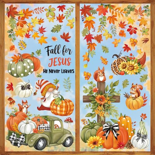 wondever Window Clings Decals Pumpkin Leaves Fall for Jesus Glass Sticker | Thanksgiving Vinyl Static Cling, Anti Collision, Double-Sided, Reusable Removable, Easy to Apply, for Window Glass Door Home