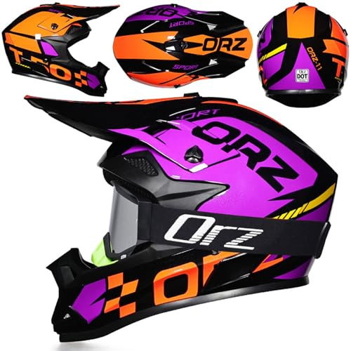 MODRYER Casco da Motocross Unisex da Uomo E da Donna per ATV E Fuoristrada con Occhiali Casco Integrale ECE con Fodera Rimovibile E Lavabile per Moto da Cross Motoslitta E Cross,Purple~6-M