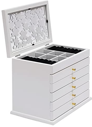 Portagioie in legno, a 6 livelli, completamente estraibile, layout ragionevole, assemblato, grande capacità, organizzatore di gioielli per organizzare vari gioielli (bianco)