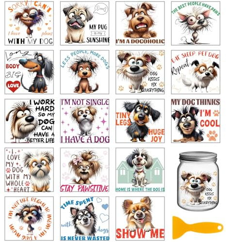 GLOBLELAND 18 Sheets Funny Dog Texts Rub on Transfers Sticker for Crafts 3.9x3.6inch Crazy Animals UV DTF Cup Wraps Decals Stickers Cute Dog Paw Prints Transfer Decal for Glass Bottle Decors