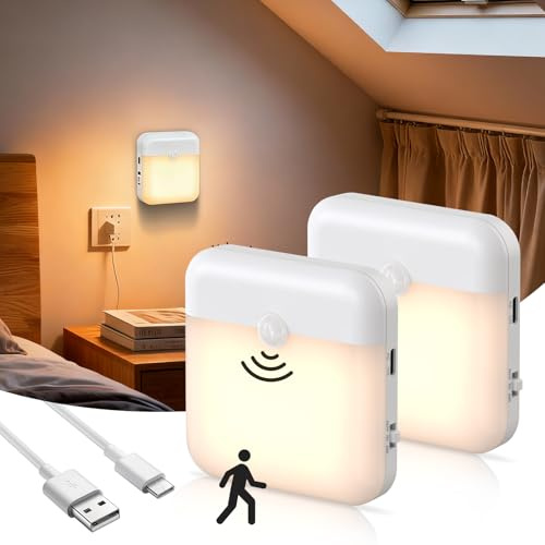 2 Piezas Luz nocturna con sensor de movimiento, paquete de LED nocturnas recargables por USB-C, 3 modos,luz blanca cálida para interiores para escaleras pasillos habitación infantil dormitorio cocina