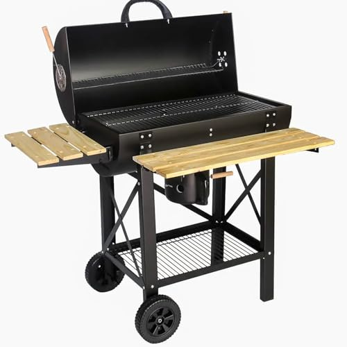Barbecue A Carbone Con Coperchio E Ripiani Laterali BBQ Grill Da Giardino Con Griglia Rialzata Scaldavivande Struttura In Acciaio Ruote E Cassetto Raccogli Cenere 110 x 70.5 x 101.5 Cm Nero