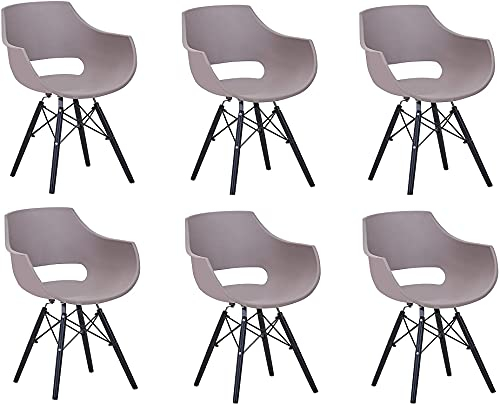 SAM 6er Set Schalenstuhl Lea, Taupe, ergonomisch geformte Sitzschale aus Kunststoff, bequemer Esszimmerstuhl im Retro-Design, schwarzes Holzgestell