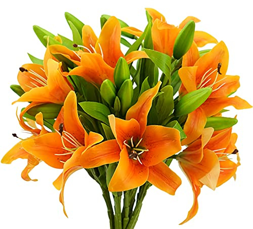 MINYULUA 8Pcs Artificial Tiger Lily Flowers Orange Real Touch Lilies Flower Bouquet Faux Floral Table Centerpieces Arrangement for Wedding Home Party Garden Office Decor