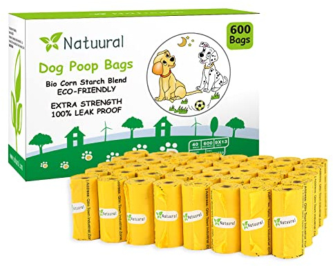 Dog Poop Bags Rolls-600 Counts (40 Rolls), Biodegradable Dog Poop Bags Made of Cornstarch, Eco-friendly and Easy to Open,Thick Waste Bags (Yellow)