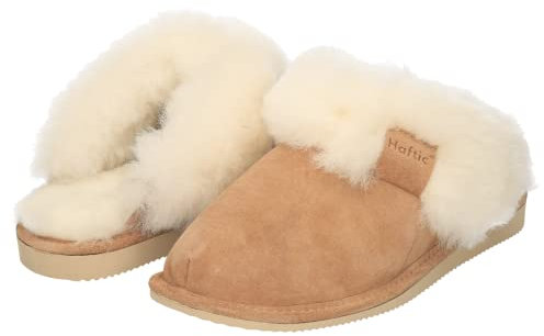 Haftic Zapatillas de estar por casa para mujer, piel de cordero, cálidas, forradas de invierno, cerradas, transpirables, suela suave, hechas a mano, lana de oveja, zapatillas (40, gris/blanco), beige