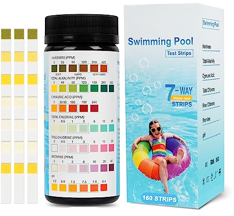 160 Tiras de Prueba de Agua, Kit Piscina pH y Cloro, 7 en 1 Tiras Piscina para Precisión la Dureza, la Alcalinidad Total, el Ácido Cianúrico, el Cloro Total, el Cloro Libre, el Bromo y el pH