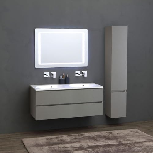 Kiamami Valentina - Mobile bagno 120cm 2c grigio perla, colonna, doppio lavabo resina bianco, specchio 100x70 | Valentina