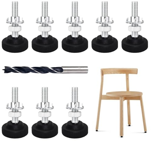 Aoreun 8 Stück Verstellschraube, Verstellbare Möbelfüße mit Einschlagmuttern M8 x 50 mm Stellfüße Füße Regulierschraube Justierschraube Kontermuttern und Metallbohrern für Tischbeine, Stuhlbeine