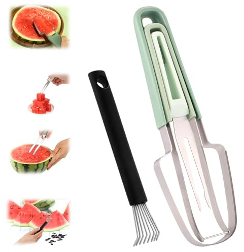 Forchetta per Anguria 3 in 1, Tagliafrutta in Acciaio Inossidabile con Rimozione semi Taglierina per Anguria Portatile Affettatrice per Anguria per Cucina da Campeggio