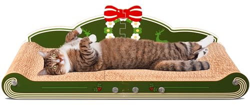 COOZMENT Sofa-Shaped Cat Scratching Couch - Thick Cardboard Cat Lounge Bed for Indoor Rest & Play Christmas Theme Sofa Scratcher Pad (23 L X 12.2 W X 6.7 H)