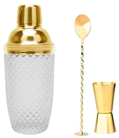 LUPATDY Set di shaker da cocktail in vetro, da 400 ml, con misurino e pala, in acciaio inox, per casa, bar, vino, succhi di frutta misti, bevande, oro