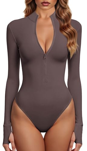 GJY Body da donna monopezzo con zip frontale a maniche lunghe top tute, L