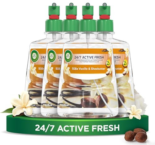 Air Wick Active Fresh – Aeorosolfreier, automatischer Lufterfrischer – Raumduft Süße Vanille & Sheabutter – 4 x 228 ml Nachfüller