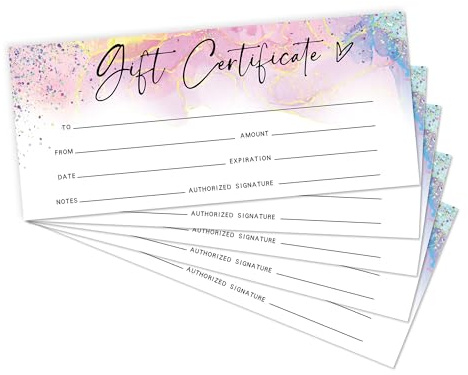 Blank Gift Certificate for Business, 25 Glitter Gift Certificate Cards for Spa Restaurants Salon, Custom Client Vouchers for Birthday, Fill in Blank Work Business Present Cards, 3. 5 x 8 Inch -A06