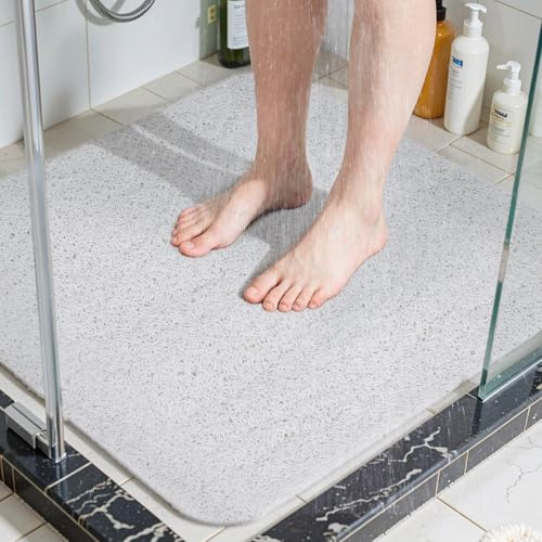 COSYLAND Alfombrilla Ducha Antideslizante 60x60cm – Loofah de PVC Suave, Secado Rápido, Sin Ventosas, para Baño y Ducha – Blanco