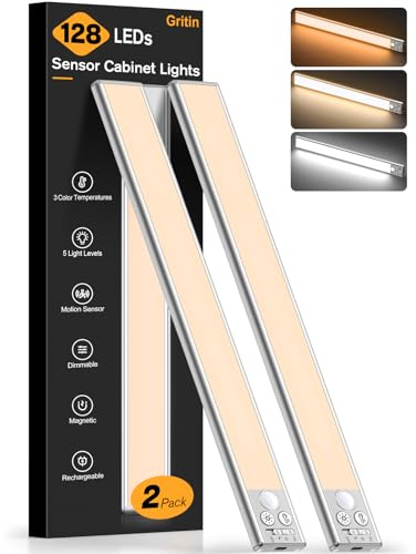 Gritin Under Cabinet Kitchen Lights 2 Pack-128 LED Super Bright,3-Color&5-Brightness,4 Modes,Motion Sensor, Rechargeable Long Lasting-Easy Installation Magnetic Under Closet Light 14.7 Inch- Silver