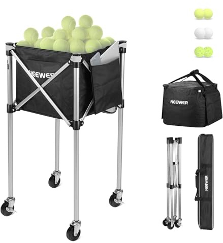 NEEWER Carrello Porta Palline Pieghevole Mobile con Borsa, Tasche Laterali per Racchette Pagaie, Contenitore Cestino per Fino a 175 Palline Tennis o 120 Pickleball, Nessun Montaggio Richiesto, TB02X