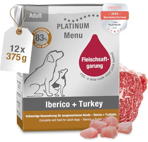 PLATINUM - Alimento para perros Menu Adult Ibérico+Turkey de carne - 12 x 375 g Alimento para perros rico en nutrientes como Barf - Especialmente jugoso para perros pequeños y grandes - Sin BPA