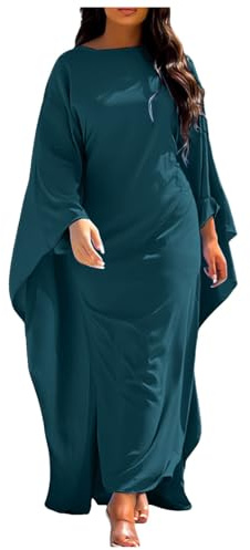 2026 Lång muslimsk klänning för kvinnor satin festklänning rock abaya muslimska kvinnor elegant solid Eid al Fitr klänningar rund hals fladdermusärm lös asymmetrisk maxiklänningar festival fest outfit