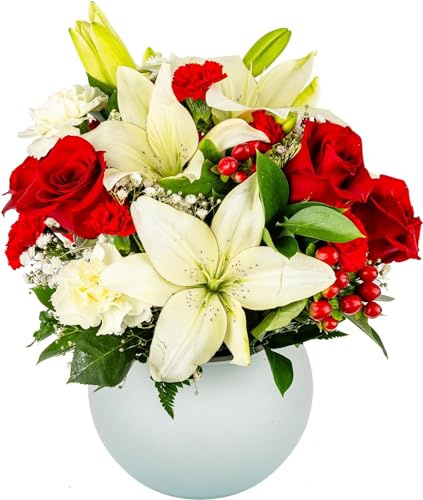 Modern Love in Opal Vase | Red, White, Fresh Flower Arrangement | Arabella Bouquets | Flowers for Delivery, Christmas, Birthday, Congratulations