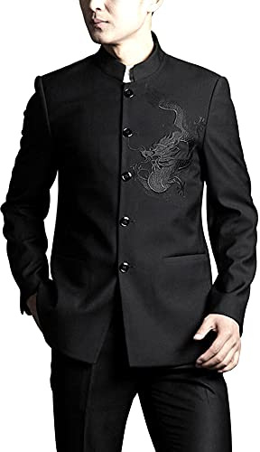 HFU Chinese Tang Suit Mens Mandarin Collar Slim Fit Long Sleeve Jacket Traditional Dragon Embrodiery Casual Coat Tops (89 Black Jacket, M)