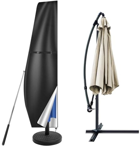 Teynewer Parasol Cover Waterproof, Cantilever Parasol Protective Cover with Telescopic Pole and Zipper Fit for 2 to 4 m Diameter Umbrella Patio Parasol Weatherproof UV-Anti Windproof (265x40x70/50cm)