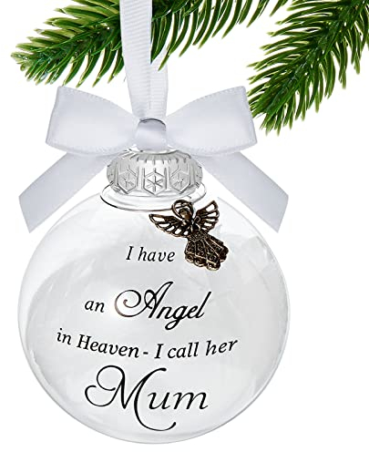 Suilung Christmas Memorial Baubles I Have an Angel in Heaven I Call Her Mum Clear Christmas Bauble Ornament Grave Decorations White Feather Ball Hanging Decoration with Box for Xmas(Mum)