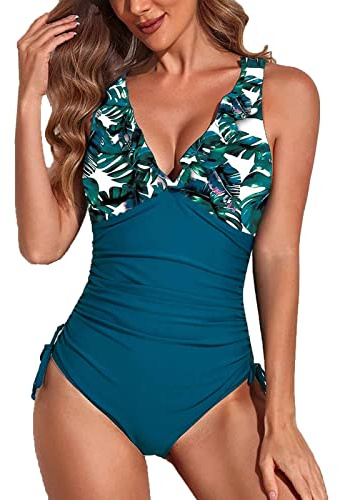 Yutdeng Traje de Baño Mujer de Una Pieza Volantes Cuello en V Fruncido Monokini Push Up Ropa de Baño Reductores Barriga Bañador con Relleno y Cordón Bañadores Natacion Sexy Retro