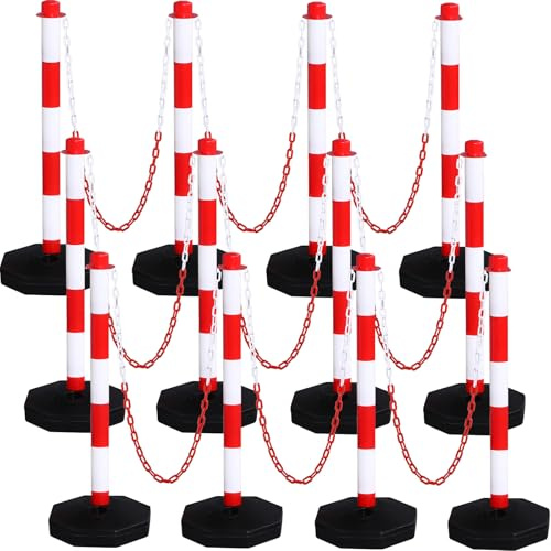 Geiserailie 12 Pack Traffic Delineator Post Cone with Fillable Base and 5 Ft Plastic Chain, Traffic Cones Caution Cones Crowd Control Barriers for Parking Lot Maintenance Area(Red and White)