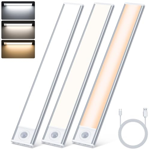 TRUMPETS 30CM Luz LED con Sensor de Movimiento 2500mAh,Luz LED Armario con 3 Color 3 Modos USB-C Recargable,108 LED Cocina Bajo Mueble para Gabinete Pasillo Escalera Sótano Cocina (3 Piezas)