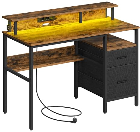 VASAGLE Bureau Gaming, avec Tiroirs en Tissu, Table Informatique avec Support d'Écran, Lumières LED, 55 x 120 x 90 cm, Multiprise, 2 Ports USB, pour Bureau à Domicile, Marron Rustique LWD093K01