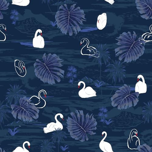 VEELIKE Navy Blue Tropical Wallpaper Leaf Contact Paper Swan Floral Wall Mural Botanical Wall Art Patterned Wallpaper for Bedroom Lining Paper for Drawers Vinyl Wrap for Furniture Kitchen 44.5cm×300cm