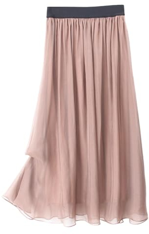 DISSA Jupe midi Soie Femme Taille élastique Unie,S2010 | 100% Soie,Silhouette plissée,ourlet A‑line fluide,tissu léger,drapé doux,longueur mollet,pour sortie urbaine