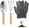 2Stks Handgabel Und Pflanzkelle aus Edelstahl, Umpflanzen Im Garten Geschenkset Handwerkzeuge, Erdgabel Und Pflanzkelle Mit Holzgriff Handschuhe, Kleines Pflanzschaufel Und Pflanzgabel für Blumen