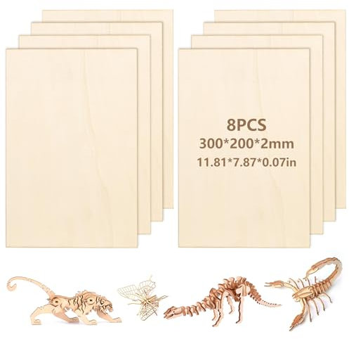 bssmmai 8 Pezzi Legno di Balsa 2mm, Compensato in Legno di Balsa 300 x 200 x 2 mm, Pannelli per Laser da 2 mm, Tavole per Fai da te, Arte e Artigianato, Pittura