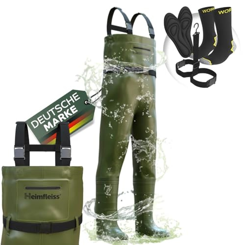 Heimfleiss® Wathose Herren Wasserdicht mit Stiefel (Gr. 44) | Unisex Nylon Anglerhose inkl. Zubehör | Rutschfeste Fischerhose zum Angeln oder zur Teichreinigung | Wader Watthose Teichhose Angelhose