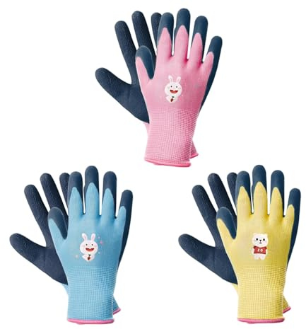 DIPZO Guantes de jardinería para niños, 3 paia di guanti da giardinaggio per bambini piccoli, guanti antitaglio per bambini piccoli, ragazzi e ragazze, 3-7 anni (giallo, blu e rosa)