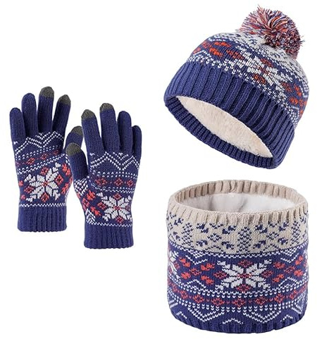 IPENNY Set of 3 Children's Knitted Hat Scarf Gloves with Plush Lining Thermal Winter Pom Beanie Cap Snood Neck Warmer Magic Strecthy Gloves Accessories Sets for Boys Girls 3-10 Yrs (Blue)