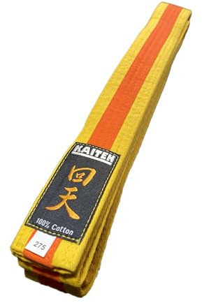 KAITEN Karate Gürtel Gelb-Orange - Farbgürtel 2-farbig Mittelstreifen - 4 cm Breite - Länge 230 bis 325 cm